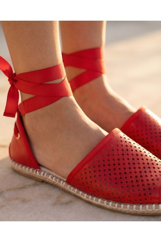 Futsishoes Peony Modern Bilekten Bağlama Kırmızı Hakiki Deri Kadın Espadril