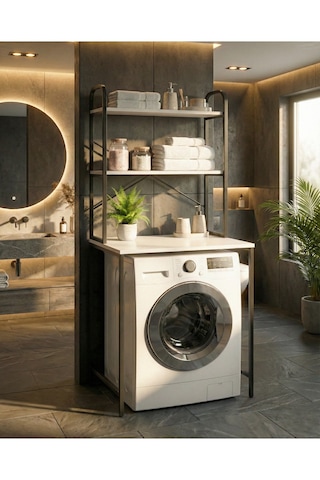 Reyo Falez Çamaşır Makinesi Üstü Dolap 2 Katlı Geniş Depolama Raf Ünitesi Metal Banyo Organizeri Siyah - 260 Beyaz