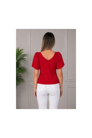 Gül&can Butik Kadın Kırmızı V Yaka Fitilli Dokulu Balon Kol Şık Günlük Triko Bluz Kırmızı