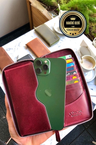 Leo Antik Bordo Unisex Hakiki Deri Telefon Bölmeli Cüzdan Bordo