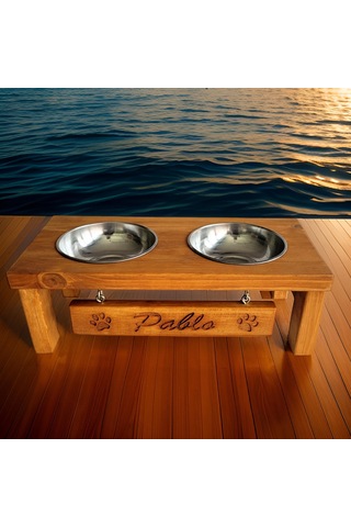 Woodesk Pati Doğal Ahşap Özel İsim İşlemeli Mama Ve Su Kabı