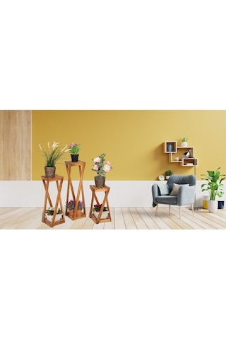 Woodencity Ahşap Çiçeklik Ahşap Üçlü Saksılık Dekoratif Çiçek Stand Üçlü Set Diğer