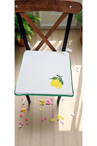 El Yapımı Buldan Yıkanmıs Keten Limon Nakıslı Biyeli Sandalye Minderi Naturel