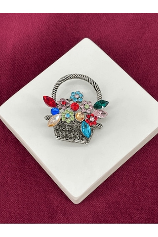 Renkli Parlak Taşlı Ve Çiçekli Sepet Figürlü Silver Broş Silver Renkli Parlak Taşlı Ve Çiçekli Sepet Figürlü Silver Broş Silver