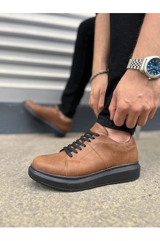 Mevese Tsoob Bağcıklı Cilt Erkek Günlük Rahat Taban Sneaker Ayakkabı - Taba Siyah