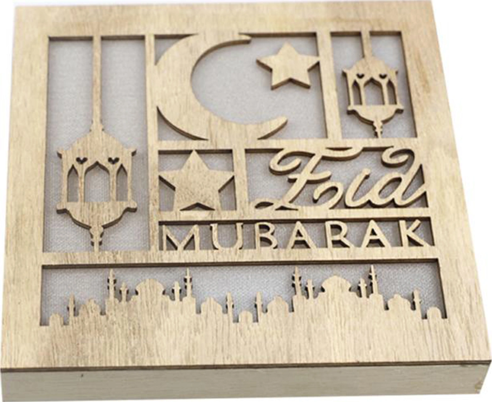 Fosenze Muslim Ayın Üzerinde Yıldız Ve Mimarisi İle "eid Mubarak" Yazılı Ahşap Ev Dekorasyonu Led Işıklı - Jm01935 Siyah
