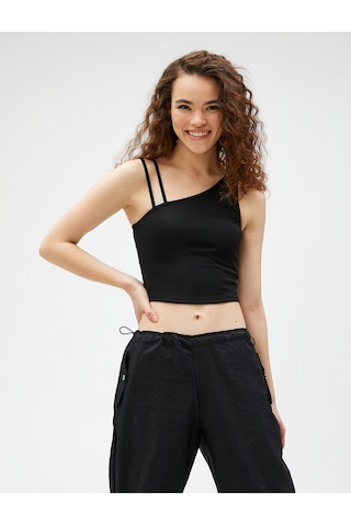 Koton Crop Fitilli Atlet Asimetrik Yaka Siyah 3sal30065ık 3SAL30065IK999 Siyah