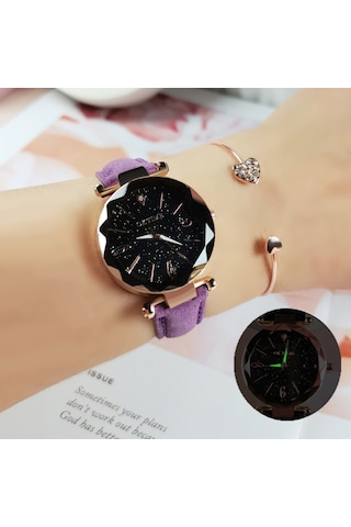 Kadın Saat Seti Bilezik Moda Aydınlık Eller Dişli Hareket Retro Kuvars Kol Saati Mor Diğer