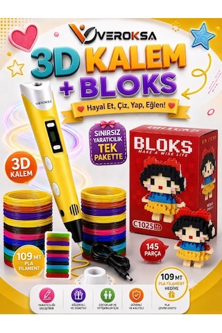 Sarı 3d Kalem + 145 Parça Blok Seti Hayal Et, Çiz, Yap, Eğlen Pamuk Prenses