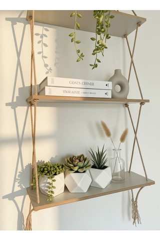 Aruat Ahşap Dekoratif Tasarım Özel İşlemi 3 Lü Halatlı Raf Kitaplık Ahşap - Beyaz