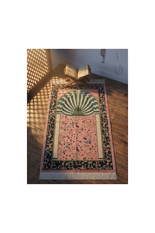 Pembe Çiçek Motifli Şönil Seccade Örgü Püsküllü Sade Standart Boyut