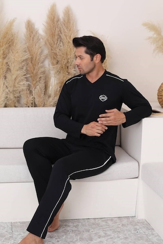 Erkek Siyah V Yaka %100 Pamuk Mevsimlik Uzun Kol Pijama Takımı-siyah Cepli Eşofman Takımı Siyah