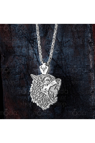 925 Ayar Gümüş Bozkurt Tasarım Kral Zincirli Erkek Kolye Gümüş