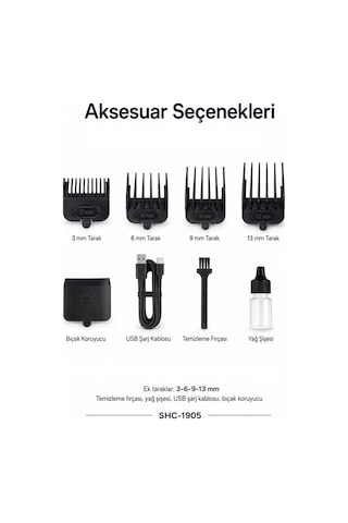 Shc-1905 Şarjlı Saç Kesme Makinesi Kablosuz Kullanım, Ergonomik Tasarım, 4-6 Saat Çalışma Süresi