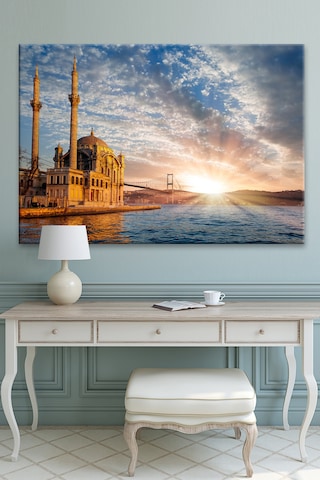 Ortaköy Camii Boğaz Gün Batımı Şehir Manzara Kanvas Tablo 30 x 20