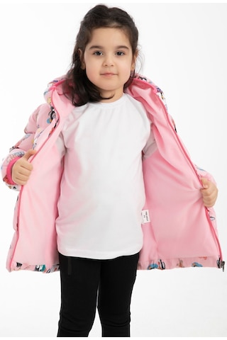 Kız Çocuk İçi Polarlı Kapüşonlu Penguen Şeker Desenli Kışlık Şişme Mont Pembe