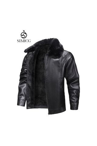 Kalınlaştırılmış Polar Rüzgar Geçirmez Günlük Deri Ceket Siyah