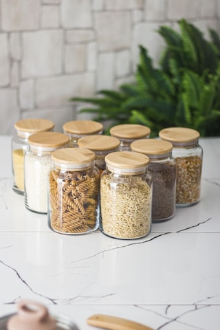 9 Lu Set Bambu Kapaklı Cam Kavanoz & Erzak Saklama Kabı 800 ml Orta Boy ( Vakum Kapak )