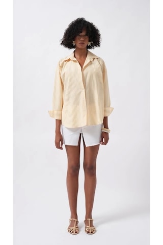 Defymoda Çizgili Detay Oversize Gömlek Sarı