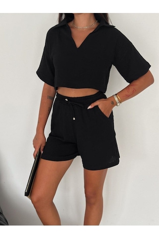 Hgfashion Crop Şort Takım Siyah Renk Siyah