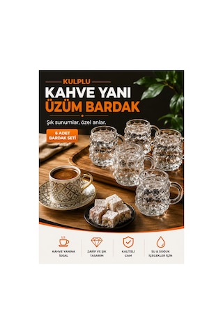 Kulplu Üzüm Desenli Cam Kahve Yanı Bardak 6'lı Set Türk Kahvesi Ve Espresso Su Bardağı Şeffaf
