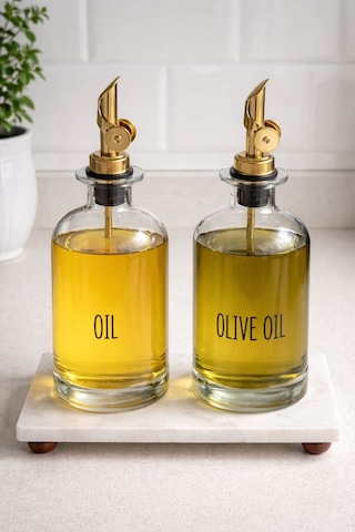 Morponi Mermer Stantlı 2'li Gold Başlıklı Şeffaf Cam Yağdanlık Seti 500 Ml+500 Ml Oliva Glass Şeffaf