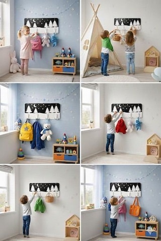 Premium Montessori Katmanlı Çocuk Odası Askılığı - Çam Ormanı Modeli Özgüven Destekleyici Özel Tasarım Siyah - Beyaz
