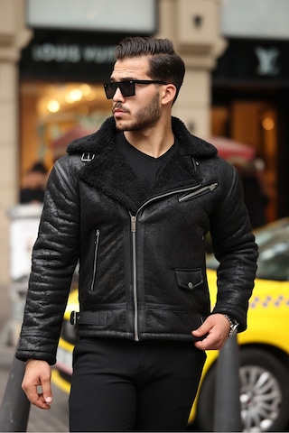 Erkek Napa Deri Içi Full Kürklü Slim Fit Mont & Ceket Siyah