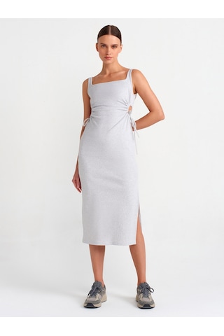 Dilvin Pencere Detaylı Uzun Elbise Gri Melanj