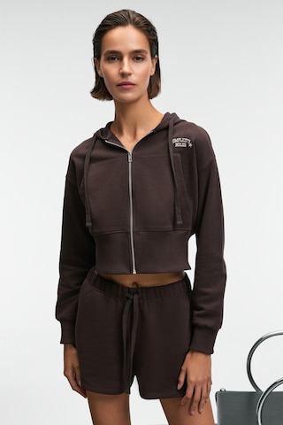 Grımelange Elara Kadın Metal Fermuarlı Nakışlı Kapüşonlu Crop Koyu Kahverengi Sweatshirt Koyu Kahverengi