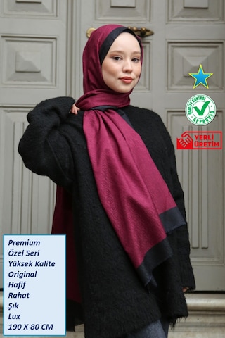 Premium Lux Original Monogram Şal İpek Vual, Yüksek Kalite, Hafif, Rahat, Şık, Tesettür, Shawl Bordo