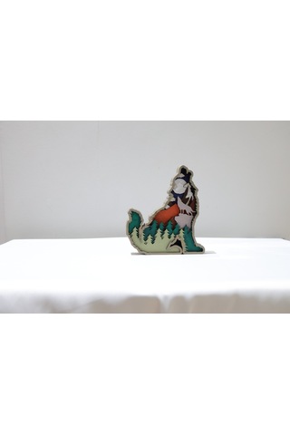 3d Katmanlı Ahşap Kurt Figürlü Dekoratif Masa Süsü Standart