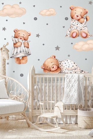 MSticker 3'lü Uyuyan Ayıcık Bulutlar Ve Yıldızlar Çocuk Bebek Odası Sticker Seti Pembe