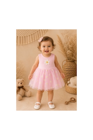 Omeca Concept Kız Bebek Papatya Desenli Tüllü Body Elbise Şık Tütü Elbise Görünümlü Çıtçıtlı Bebek Body Pembe