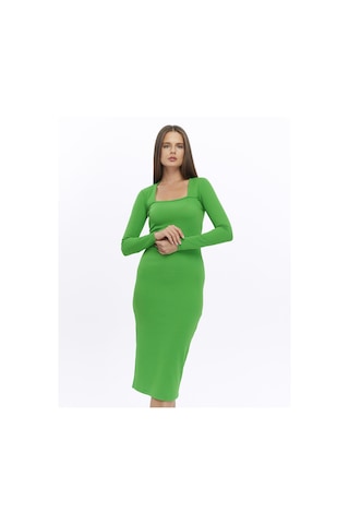 Fitilli Örme Kumaş Uzun Kollu Yırtmaçlı Midi Boy Fiona Elbise-3303-yeşil Yeşil