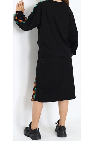 Kız Çocuk Yeşil Turuncu Şeritli Yırtmaç Etekli Sweatshirt Etek İkili Takımı Siyah