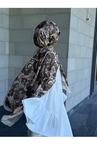 Qalortex Scarf Pamuklu Mimoza Desen Şal- Krem