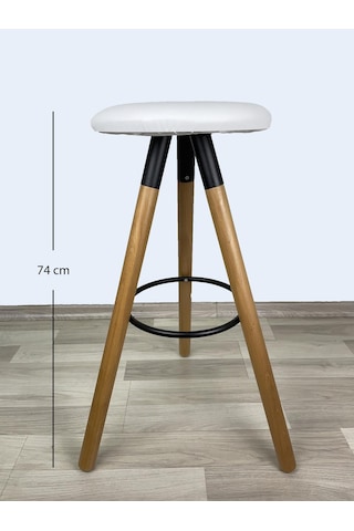 Banco Bar Sandalyesi, Bar Taburesi 74cm Ahşap Ayak Beyaz Deri Oturak Çok Renkli