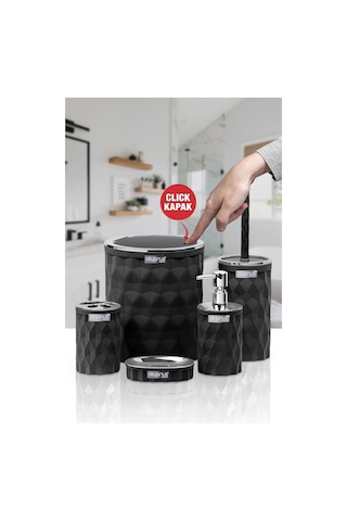 Okyanus Home Diamond Siyah Kromlu Click Kapak Banyo Seti 5'li Siyah