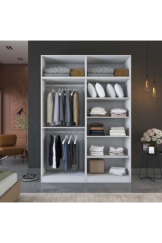 Rani Ba216 Geniş Gardırop Elbise Dolabı 8 Kapaklı 5 Raflı 2 Askılı Modüler Dolap Beyaz