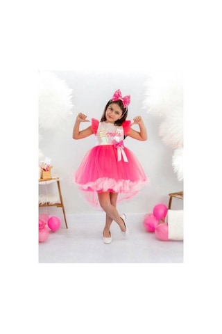 Cantoy Kız Çocuk Önü Kısa Arkası Uzun Taçlı Barbie Kostüm-15220 Pembe