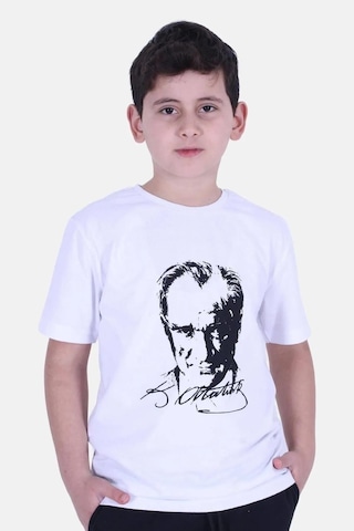 Dode Flora Çocuk Atatürk Portre Baskılı İmzalı Tişört Beyaz