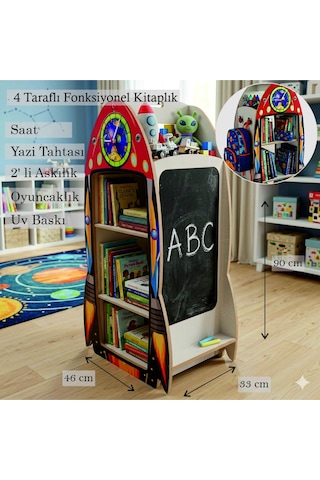 Roket Modelli Gerçek Saatli 4 Taraflı Yazı Tahtalı Askılıklı Montessori Kitaplık Ve Oyuncak Kutusu Demonte Çok Renkli