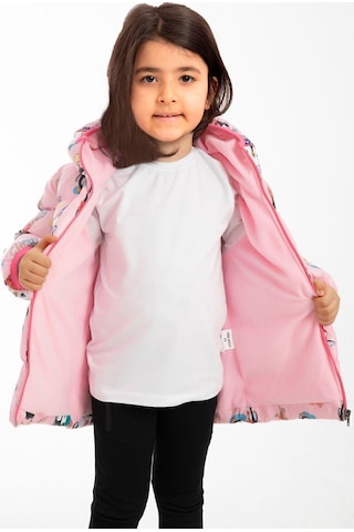 Kız Çocuk Polarlı Kapüşonlu Penguen Şeker Desenli Kışlık Şişme Mont & Kaban & Parka-40 Pembe