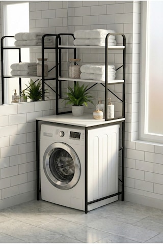 Reyo Falez Çamaşır Makinesi Üstü Dolap 2 Katlı Geniş Depolama Raf Ünitesi Metal Banyo Organizeri Siyah - 260 Beyaz