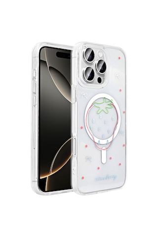 Techaks Apple Uyumlu iPhone 16 Pro Max Kılıf M-safe Şarj Özellikli Şeffaf Zore Folk Sert Kapak - Çilek Beyaz