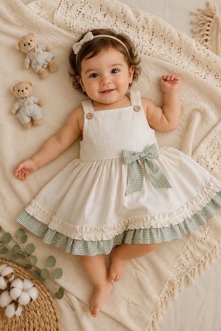 Mnk Baby & Kids Kız Bebek %100 Pamuklu Fiyonk Detaylı Elbise M00849 Krem