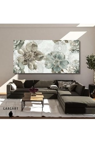 Panoramik Kanvas Duvar Tablosu Desenli Fonda Geniş Çiçekler, 120 X 60