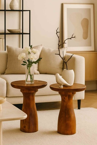 Doğal Meşe 2 Li Yan Sehpa Seti Masif Ahşap Zigon Ve Fiskos Meşe