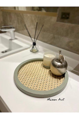 Rattan Hazeran Yuvarlak Tepsi Ihlamur Yeşili Eskitme Model %100 Doğal Hazeran M044